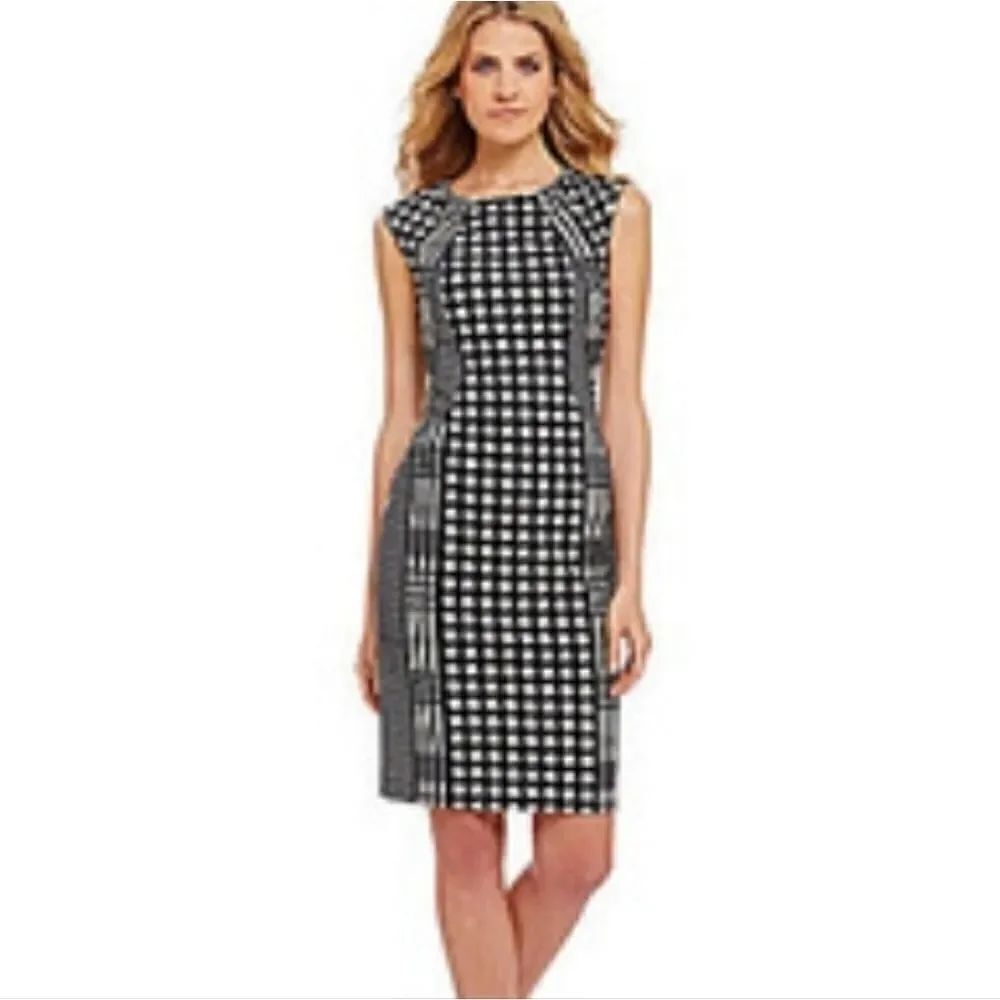 Donna Morgan White and Black Sleeveless Houndstooth Sheath Dress